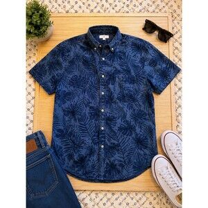 GAP Men’s Medium Blue Tropical Leaf Linen Cotton Button Up Shirt Short Sleeve